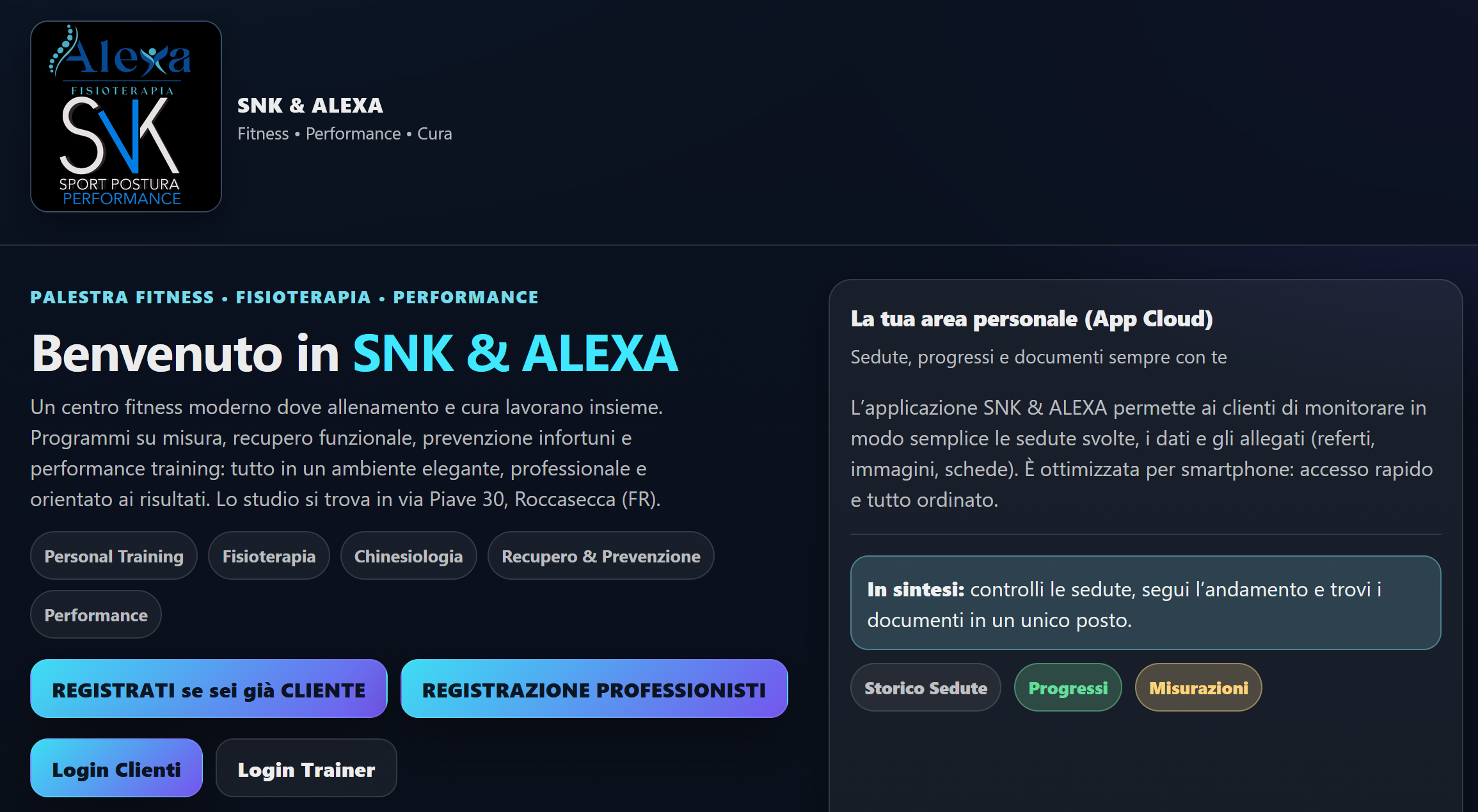 Schermata dell'applicazione per palestre, fisioterapia e personal trainer